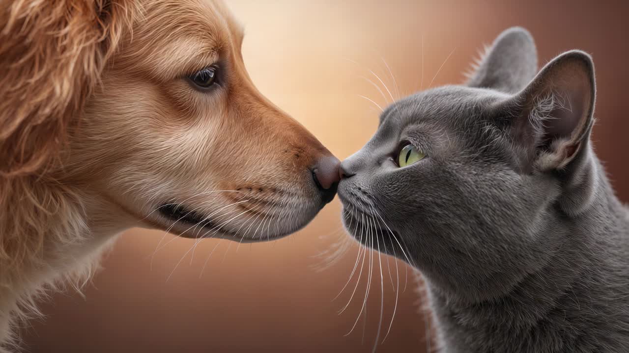 Annusando, gatto che si sporge, cane dorato e gatto grigio che si scambiano un contatto con il muso nello studio