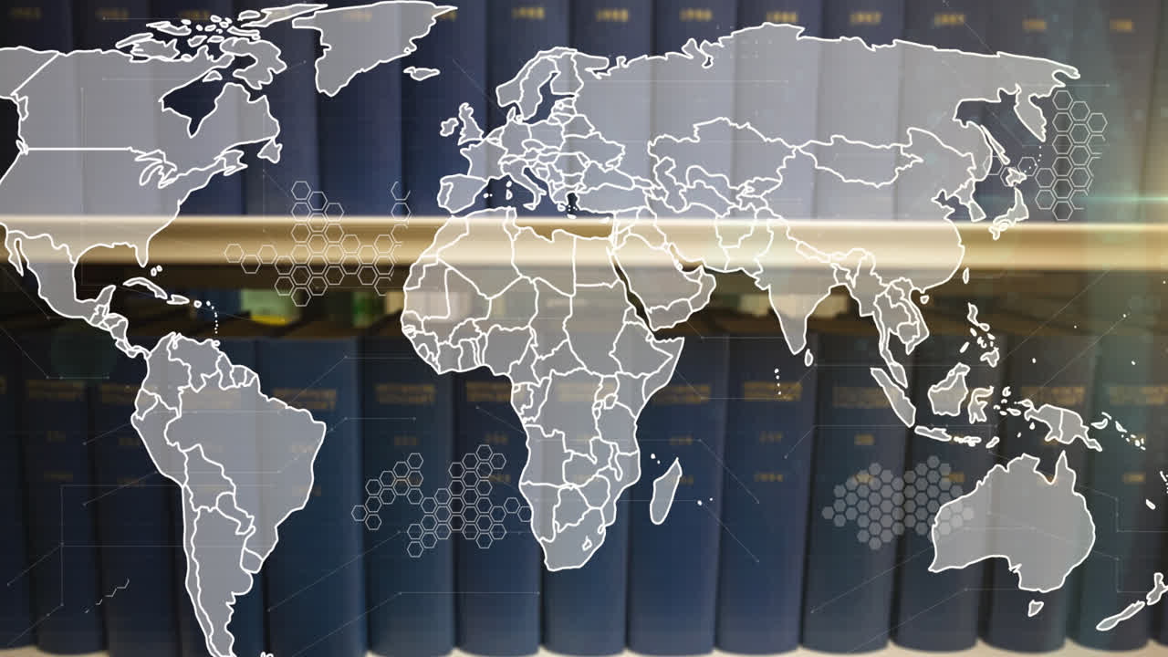 Animation of data processing over world map and books