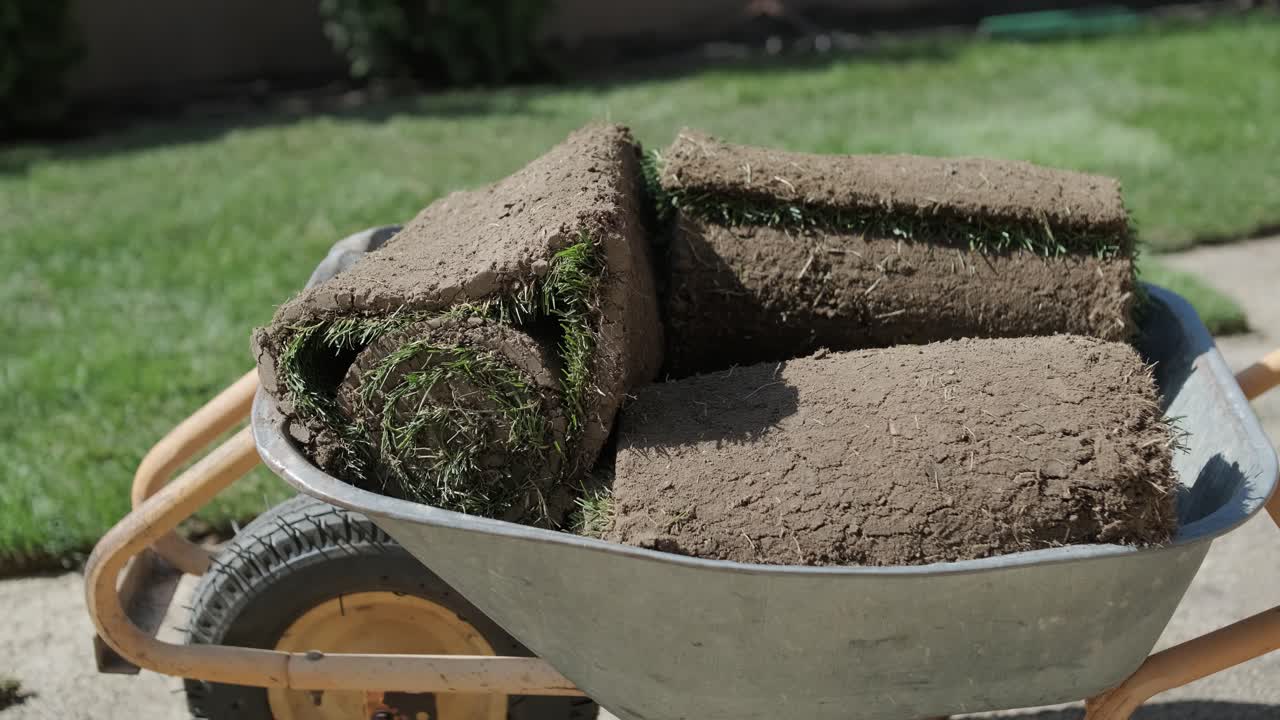 jardinero colocando césped en el patio privado con valla de madera