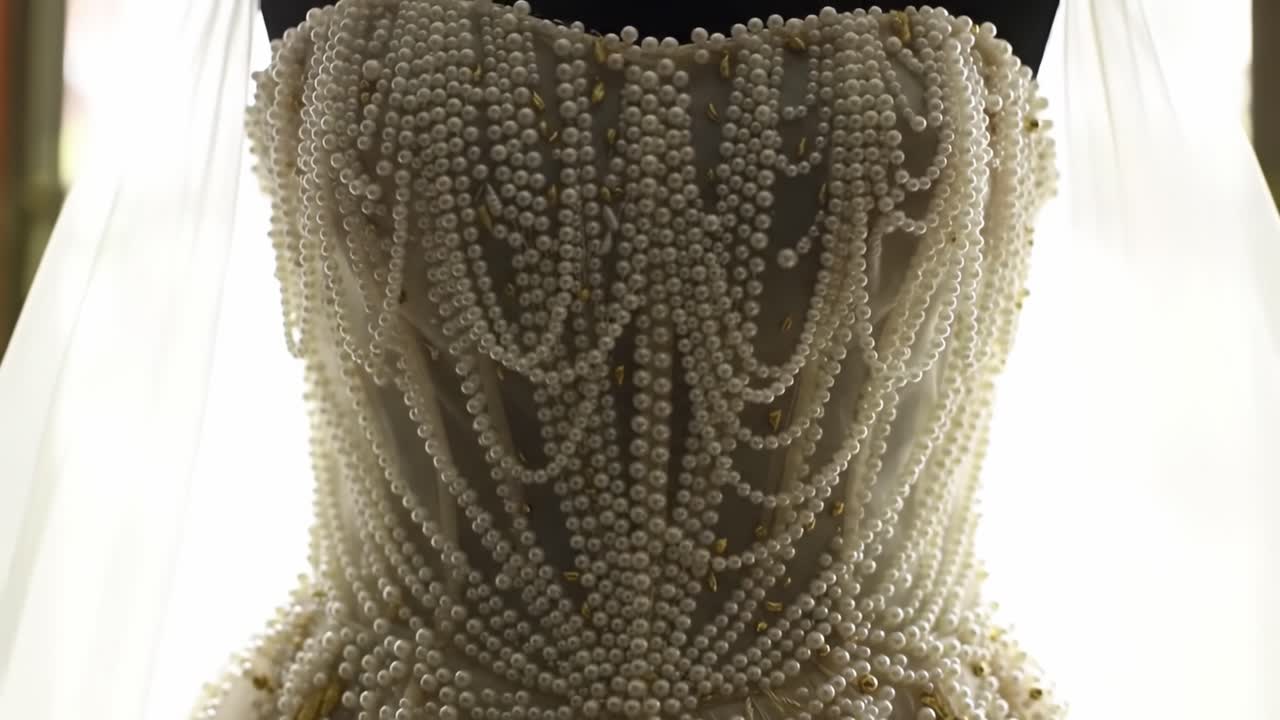 Captivating Beauty: Exquisite Wedding Dress Adorned with Strings of Pearls and Delicate Fabric, Perfect for Celebrating Love and Elegance on a Special Day