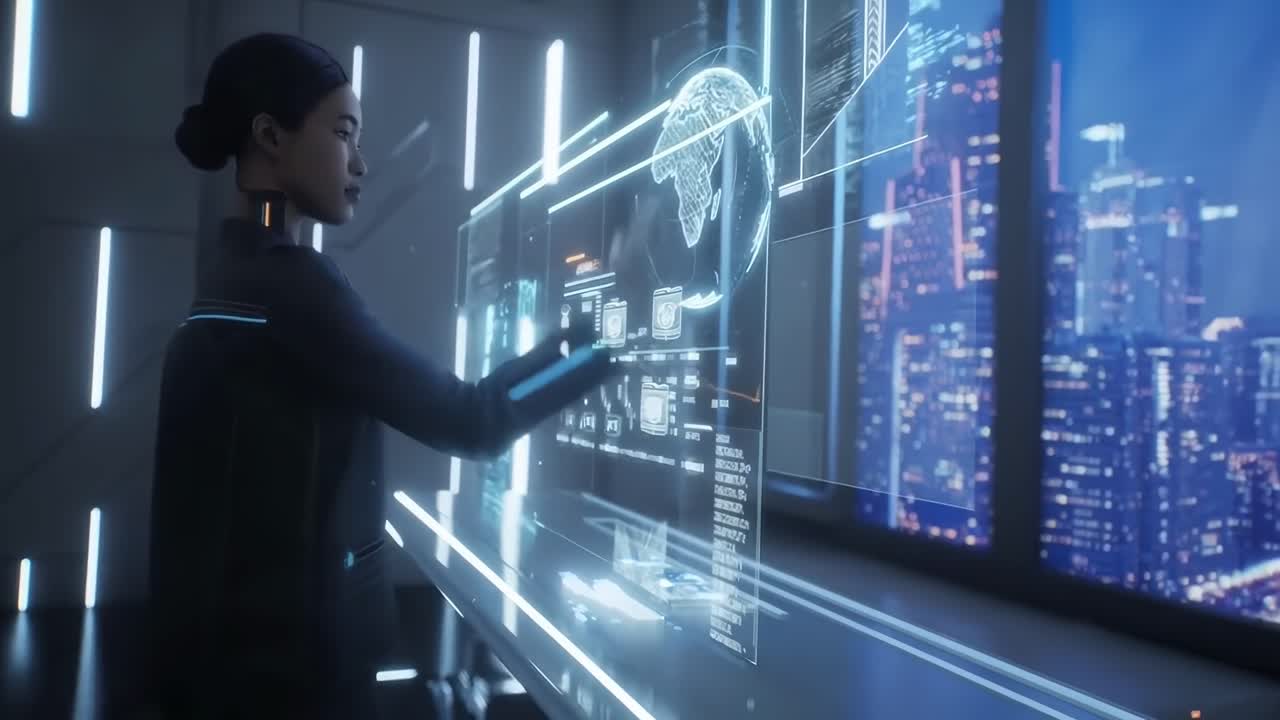 Concept video futuristico con vista laterale di una donna con schermi olografici