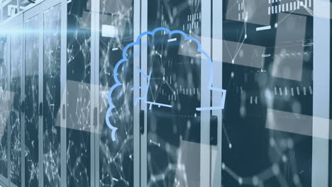 animation of ai data processing and networks over computer server room