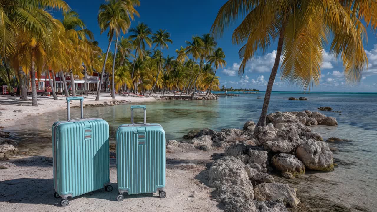Eine malerische tropische Strandszene mit zwei stylischen, hellblauen Koffern, die am Sandstrand stehen, umgeben von Palmen und kristallklarem Wasser unter einem sonnigen Himmel