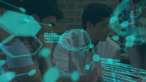 animación del procesamiento de datos científicos sobre diversas personas de negocios que utilizan tableta en la oficina
