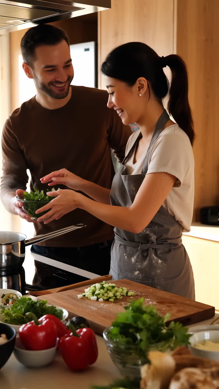 pareja cocinando juntos en una cocina moderna