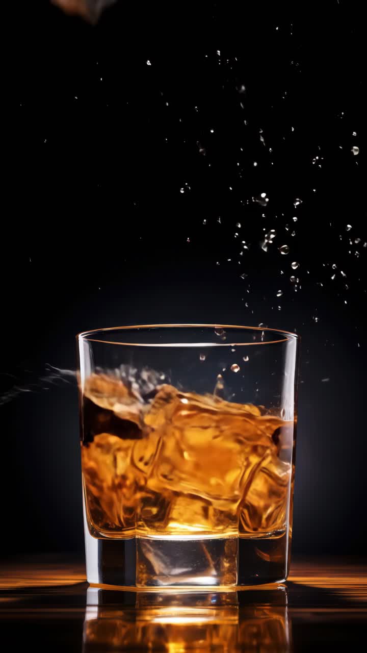 Close-up shot of a whiskey glass with ice and splash effect, captured from a low angle