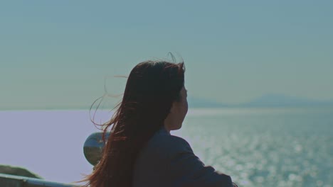 asian female woman girl model and seashore seafront sea view from viewpoint landscape with sunlight sunshine