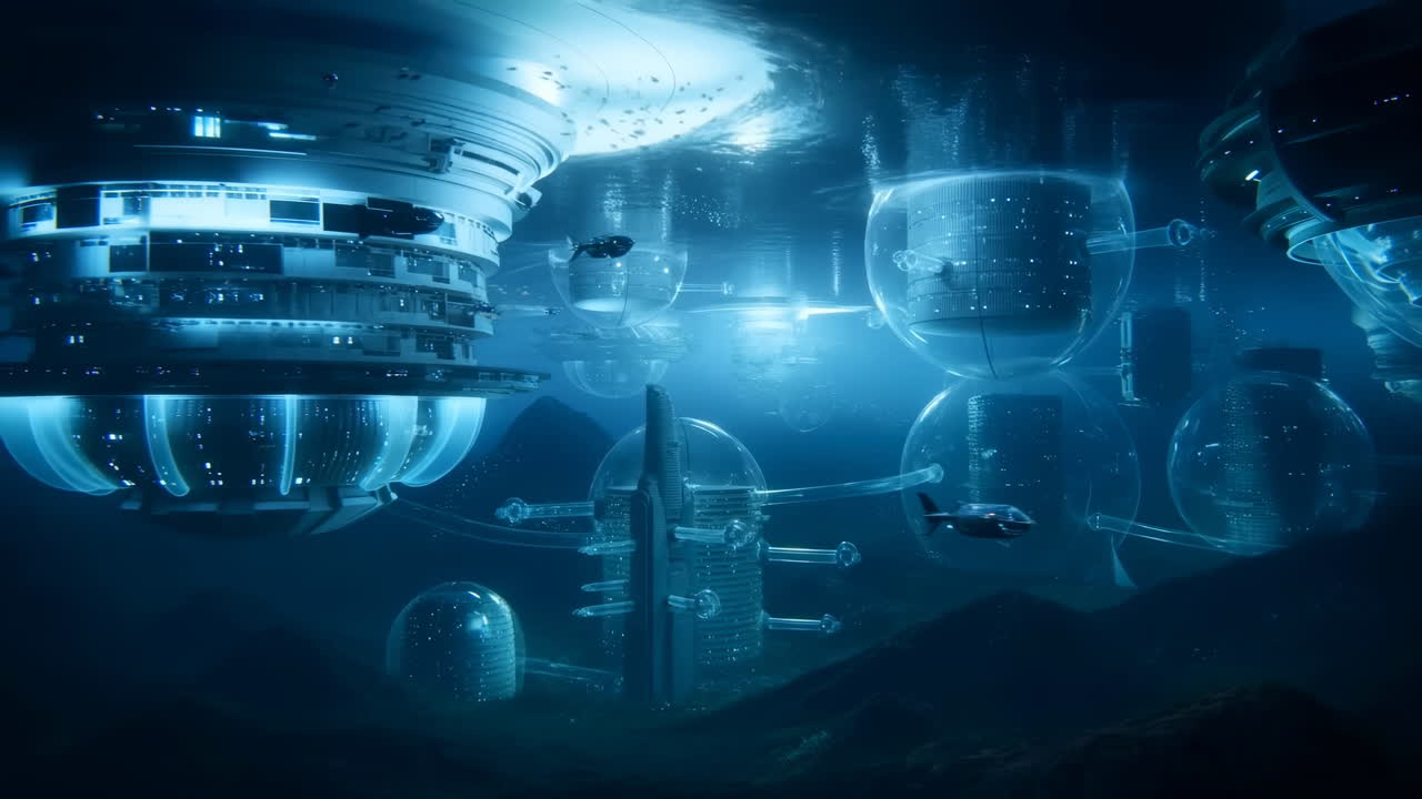 Ciudad submarina futurista con arquitectura avanzada y sumergibles