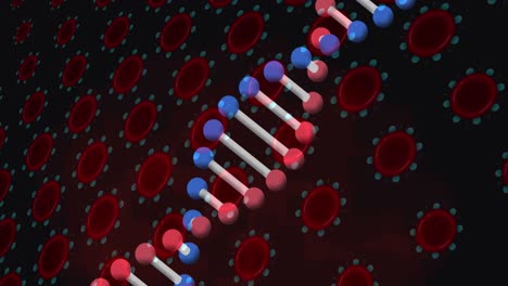 Animation-Eines-DNA-Strangs-über-Viruszellen-Auf-Schwarzem-Hintergrund