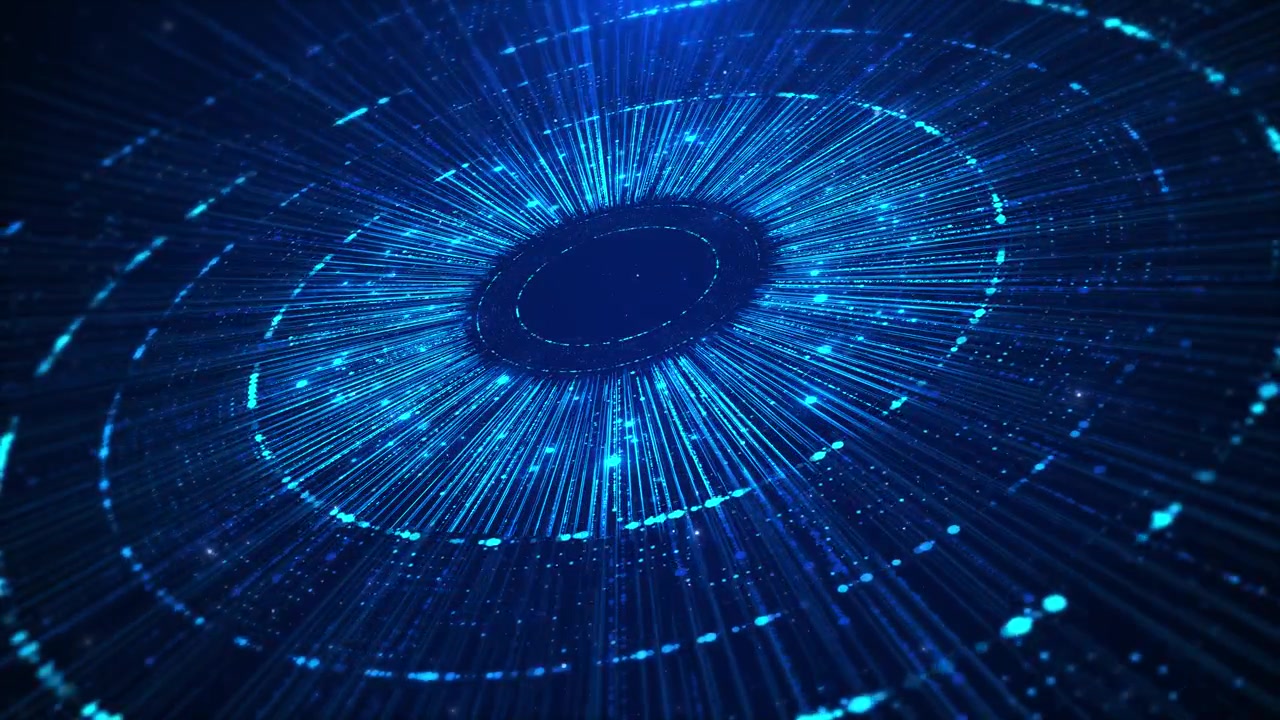 Blue digital data tunnel background radial light beams dotted rings and fast futuristic motion depth
