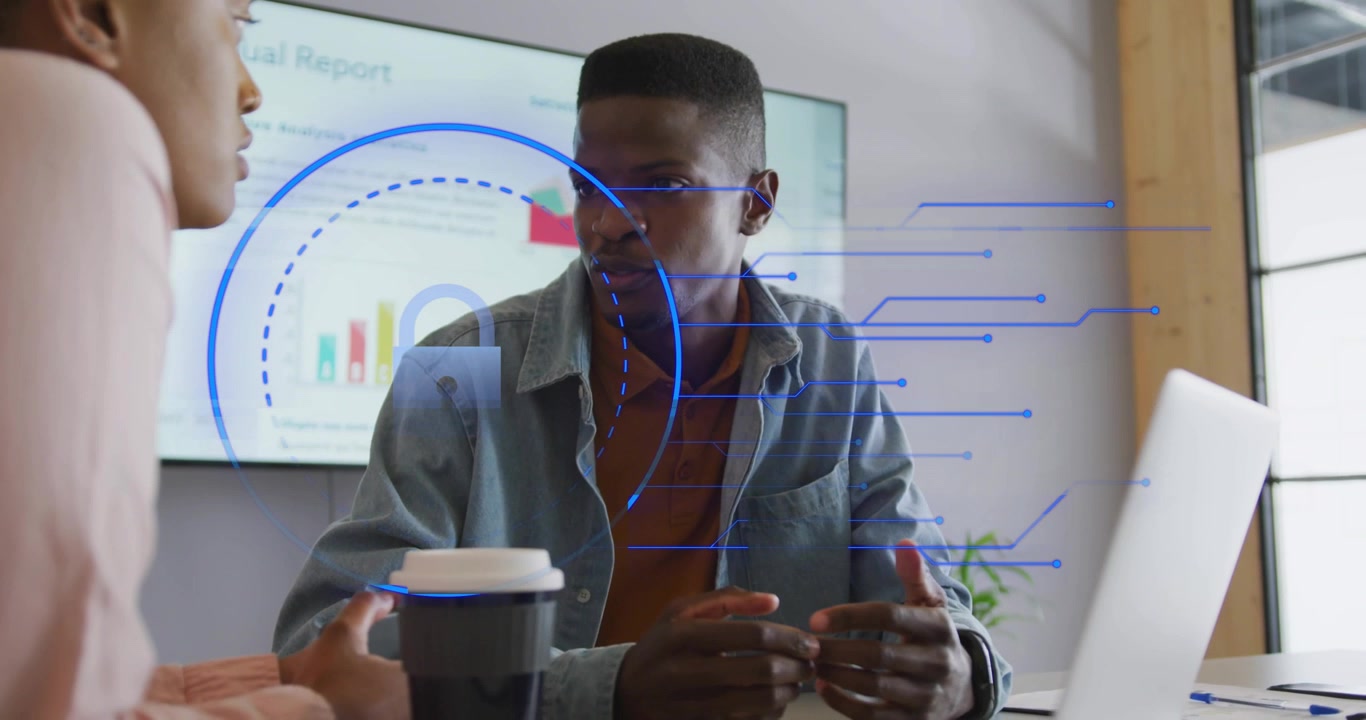 Man holding report leaning toward woman explaining business data for review, showing digital arcs