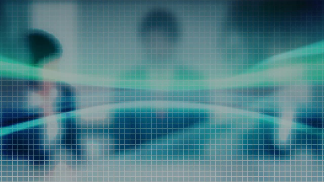 Man silhouette standing behind grid, interacting with neon light waves and wireframe data sphere