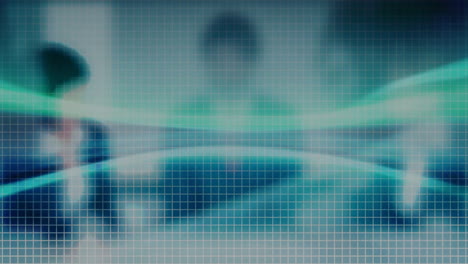 man silhouette standing behind grid, interacting with neon light waves and wireframe data sphere