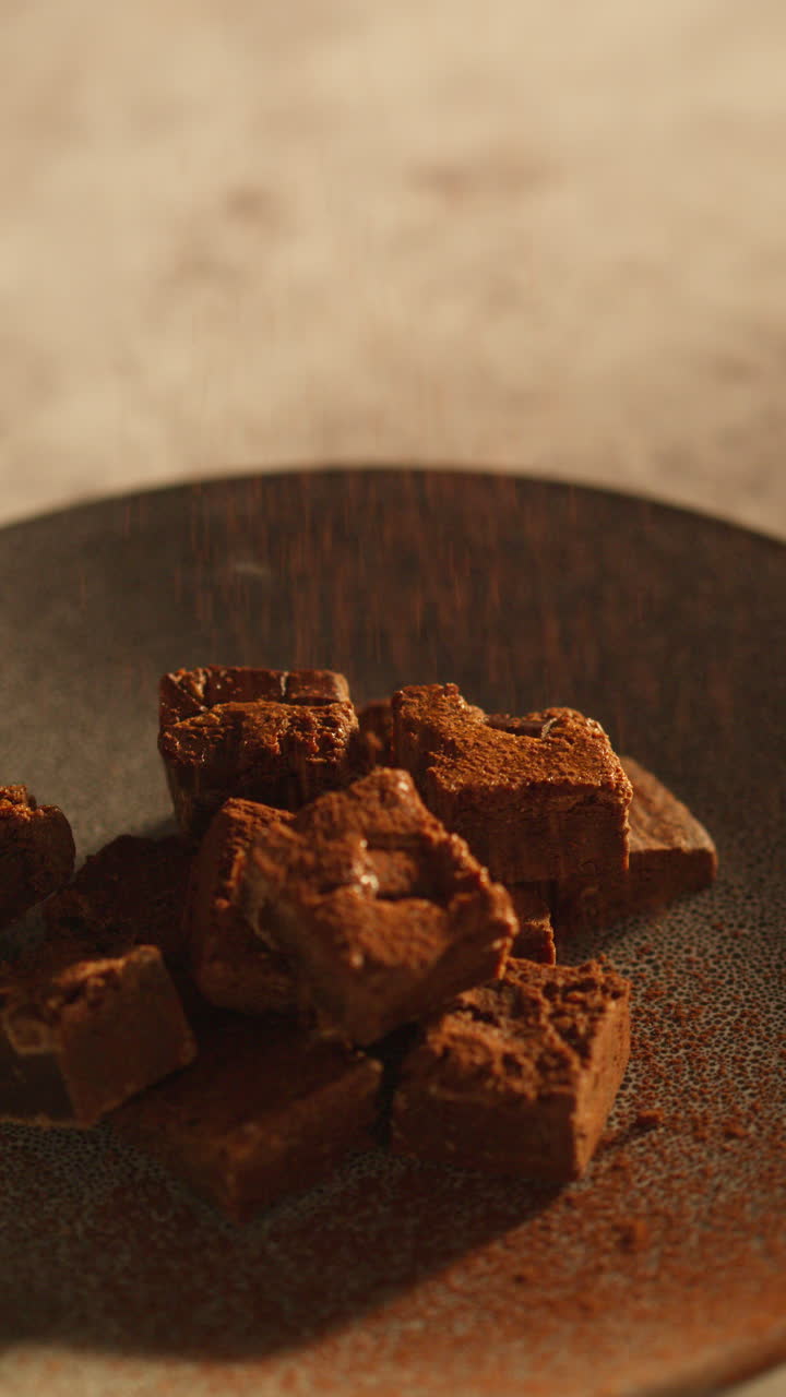 video vertical de un plato de brownies de chocolate siendo rociado con polvo de cacao