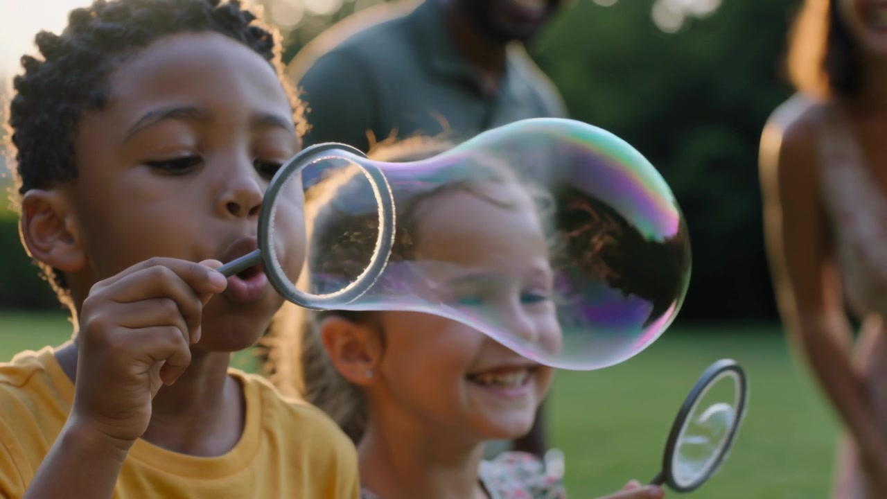 Raising wand, yellow-T-shirt boy blowing bubble across floral-dress girl on lawn, parents gesturing