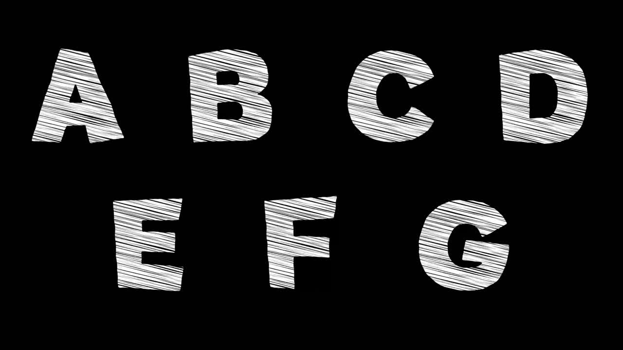 Scribbled White Uppercase Letters A to G on Black Background