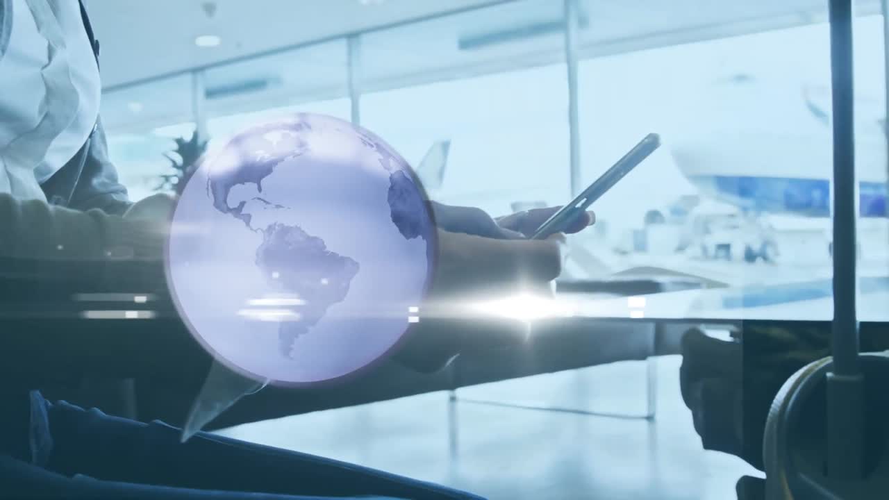 스마트폰을 사용하는 백인 사업가 여성에 대한 지구와 컴퓨터 회로판의 애니메이션