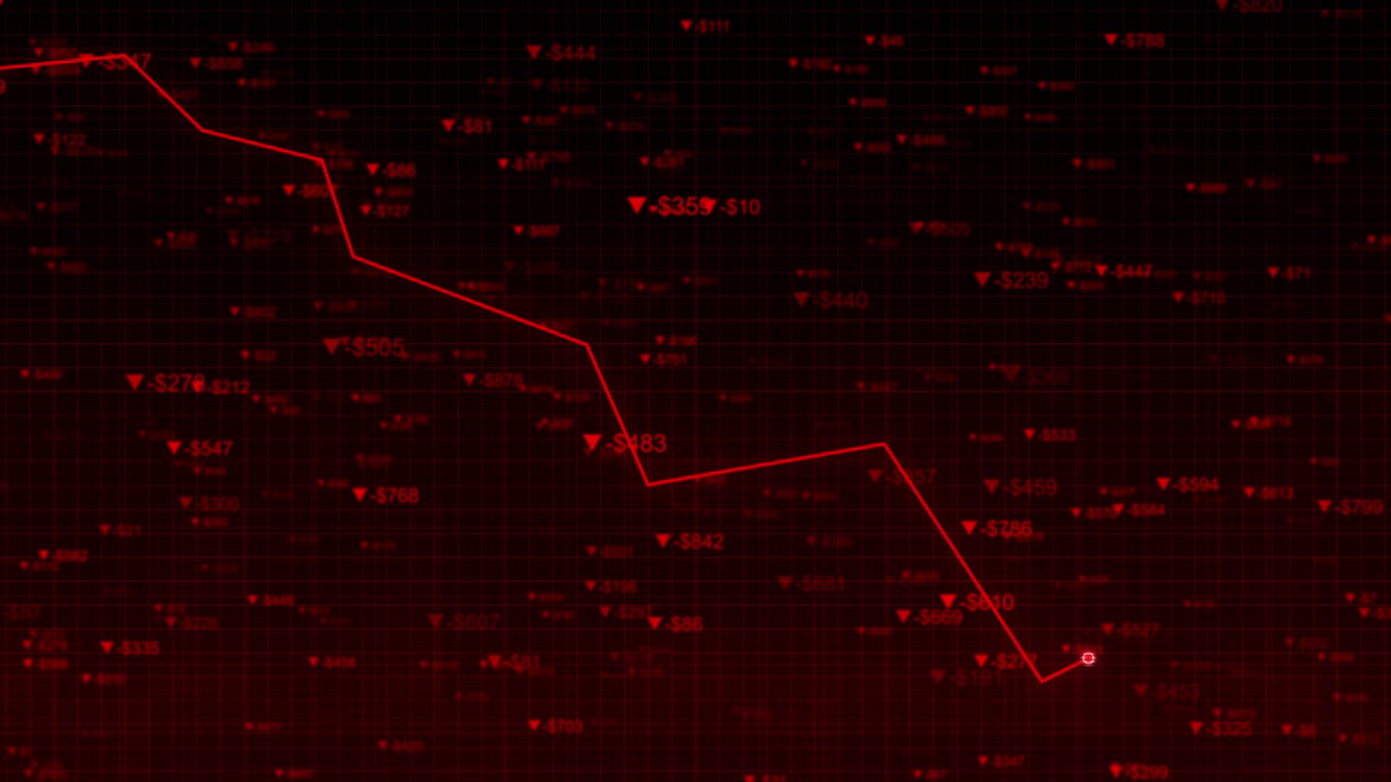 Animated red grid graph visualizing sharp decline of market data for concepts of economic crash