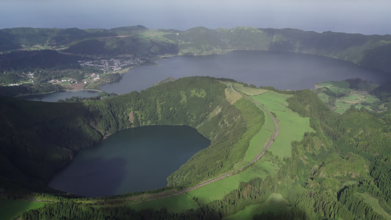 Aerial Azores:Santiago lagoon vista, Sete Cidades backdrop, S&atilde;o Miguel's beauty
