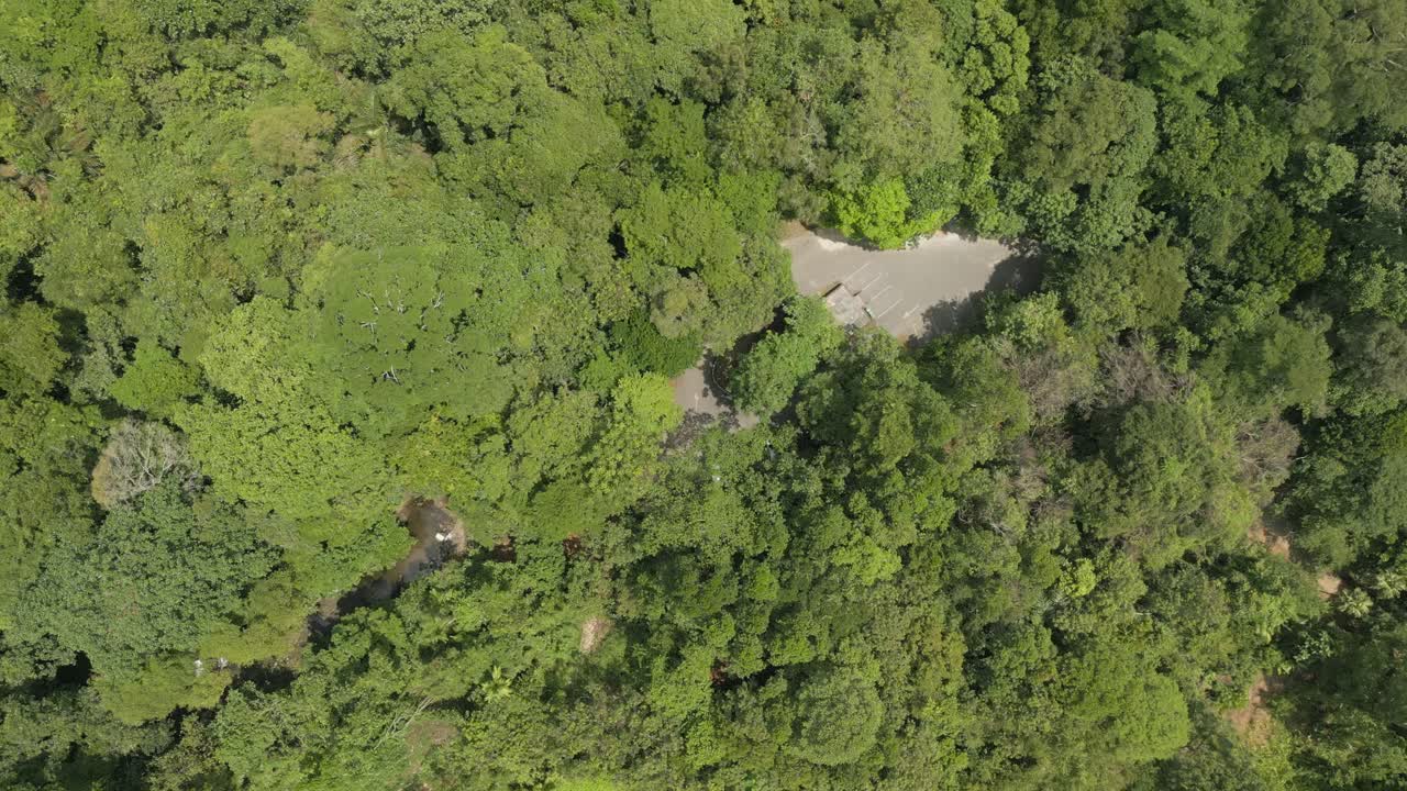 Aerial Drone View, Rancan Waterfall Nasional park ,Summer With Beautiful Green Forest Trees And Fresh Water From The Mountain River,Serian,Sarawak,Borneo.