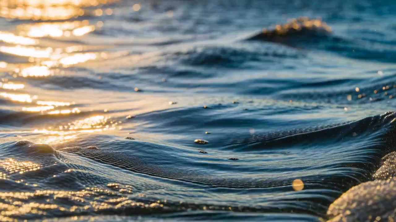 Mare scintillante illuminato dal sole che riflette il sole basso, onde vicino alla riva che si infrangono e formano schiuma, bokeh.