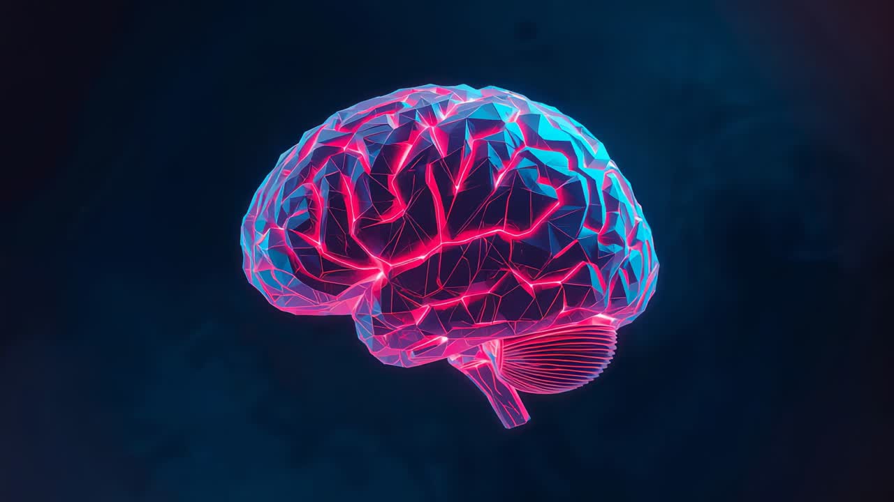 Displaying glowing 3D brain model rotating clockwise from lateral into rear view, neon illumination