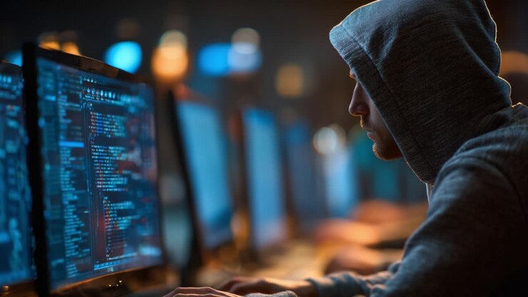 En fokuseret programmør, der arbejder sent om natten: Dyk ned i programmeringens verden med flere skærme, der oplyser det mørke rum