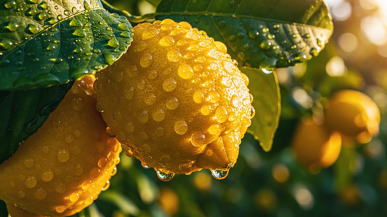 Bir ağaç dalında su damlacıklı taze sarı limonlar