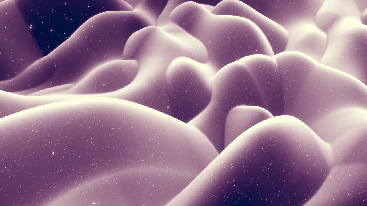 Abstract waves of soft black matte material with light inner glow and glitters on morphing surface. Abstract geometric surface like landscape or terrain, extrude or displace 3d noise. Loop 4k