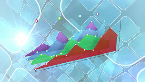 animation of multicolored graphs with lens flares moving on squares against blue background