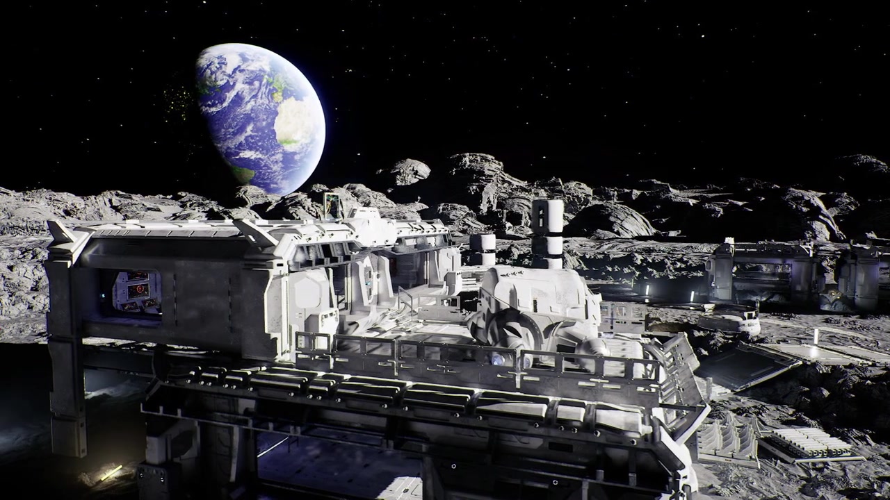 Calm moonlit environment with rising earth and shimmering stars above