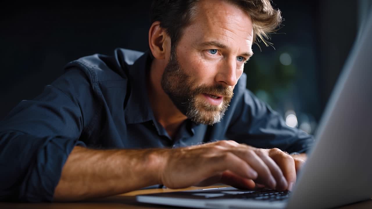 Uomo concentrato impegnato nel lavoro al computer: un primo piano di mani che digitano intensamente su un laptop, catturando l'essenza della produttività e della tecnologia moderna.