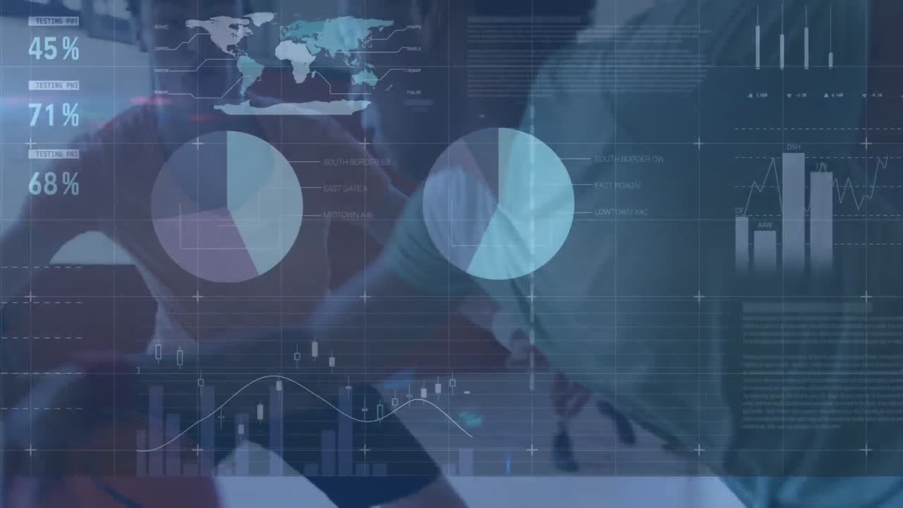 animación del procesamiento de datos financieros sobre diversos jugadores de baloncesto masculinos en el gimnasio
