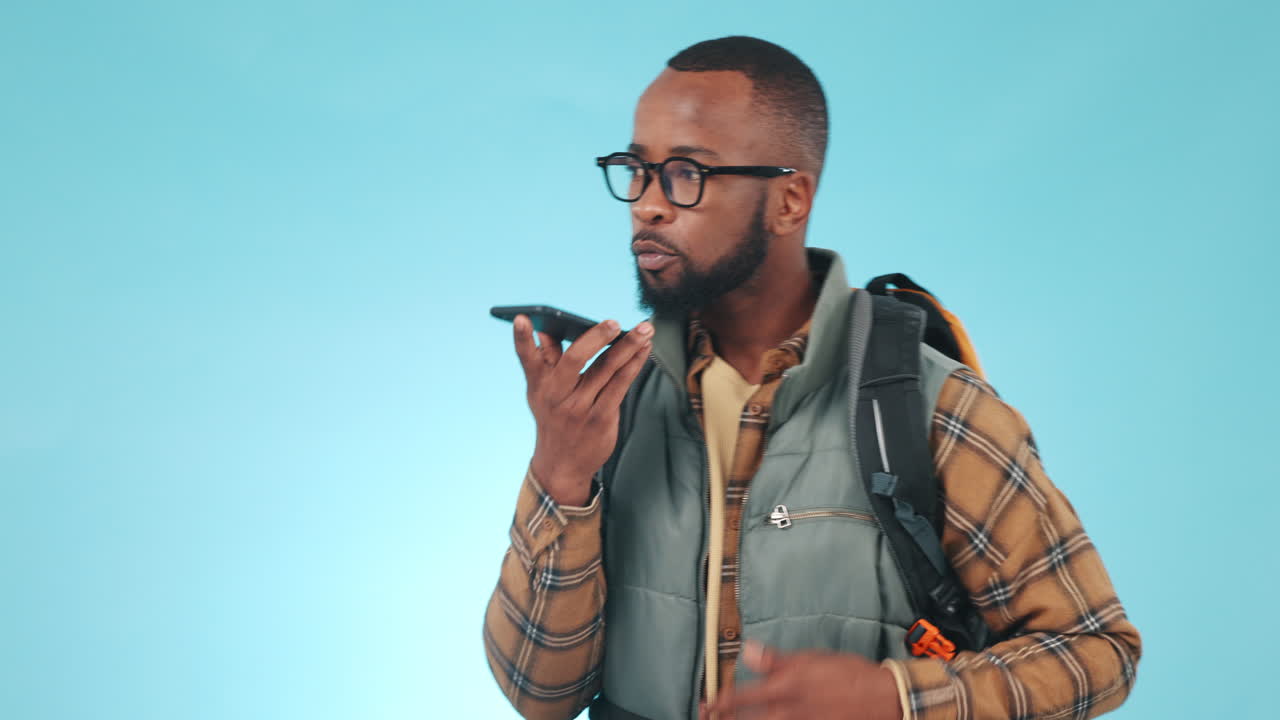 Hiking, voice note and black man on blue