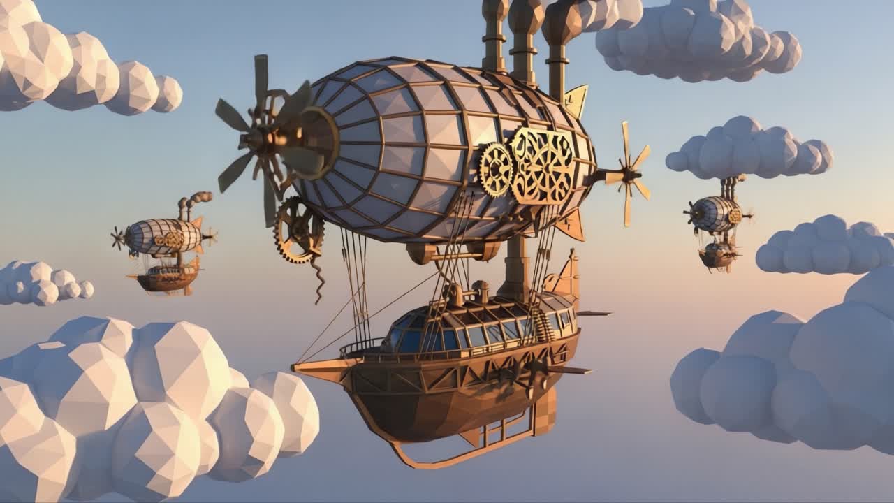 Aerial Adventure: Steampunk Airships Glide Through a Dreamlike Sky Amidst Fluffy Clouds in This Captivating Visual Journey of Imagination and Innovation