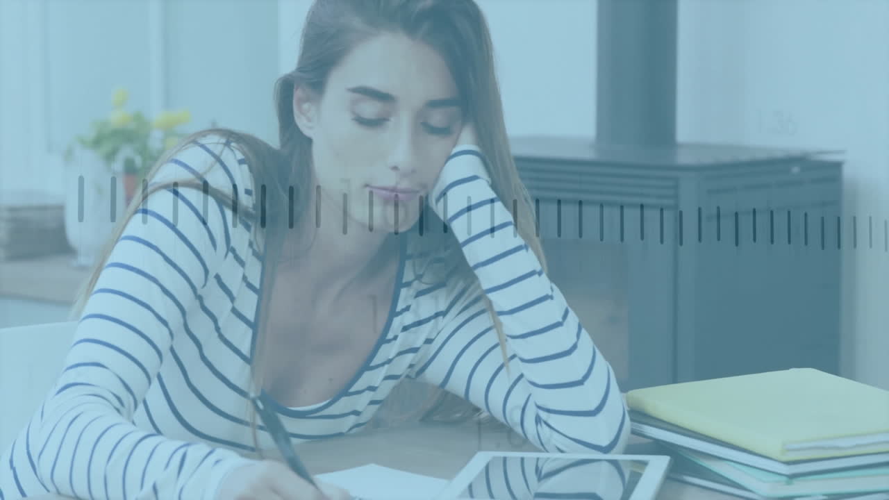 Writing at desk, woman with digital scale animation overlay in school setting