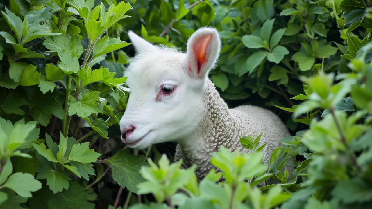 Lovely white lamb nestled among lush green bushes, basking in the warm sunlight of a cheerful spring day, enjoying the peaceful countryside atmosphere and vibrant nature