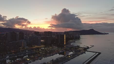 Aerial-view-of-Ala-Wai-boat-harbor-at-sunrise-on-Oahu-on-a-calm-day