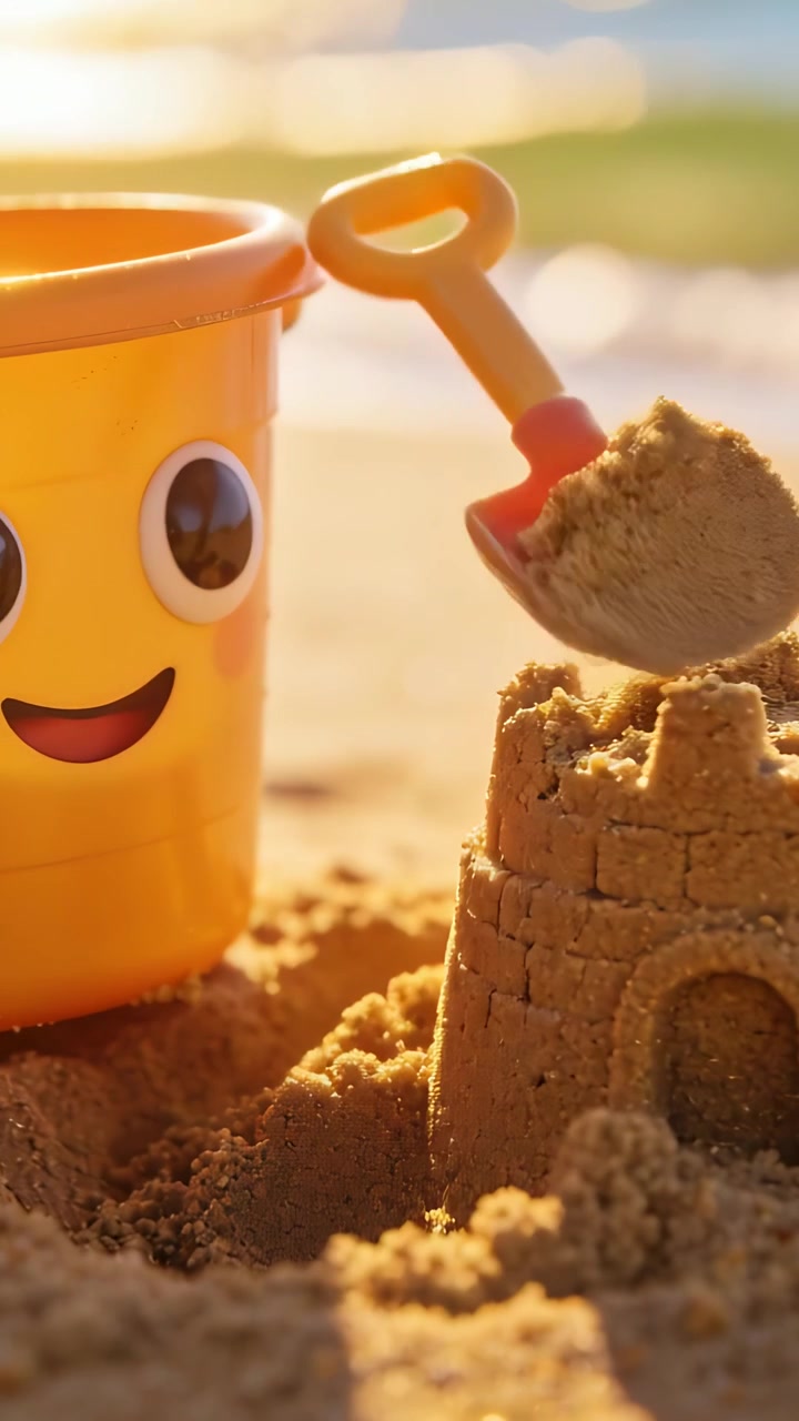 Vertical video: Lowering orange shovel smiling yellow bucket scooping wet sand by sea fixing castle