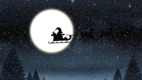 santa claus in sleigh being pulled by reindeers against christmas tree and moon in the night sky