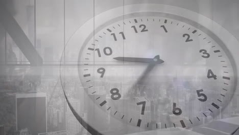 animation of clock ticking over busy city