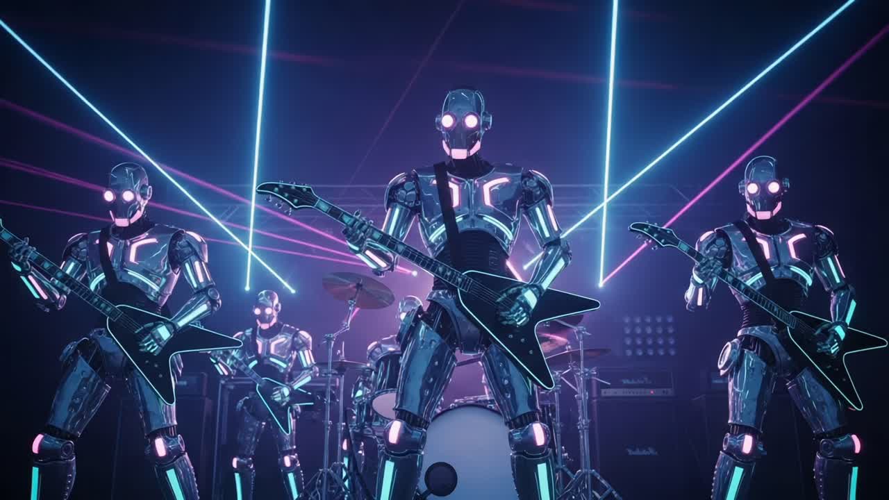 A Dynamic Futuristic Robot Band Performing Live with Vibrant Laser Lights and Stunning Visuals in a High-Energy Musical Experience