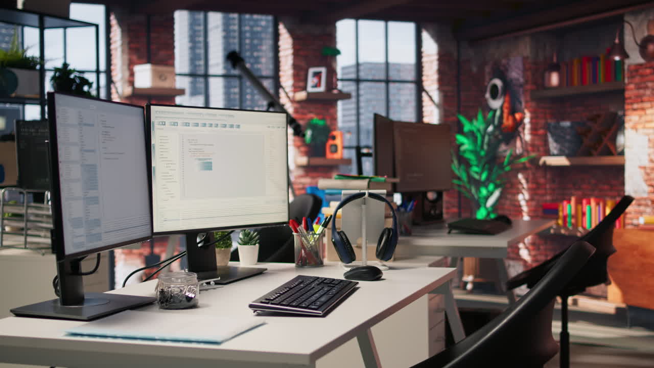 코드를 보여주는 빈 소프트웨어 개발 기관의 컴퓨터 화면