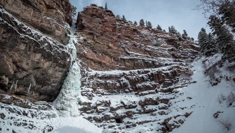 lapso de tiempo, cascada congelada y nubes moviéndose sobre el acantilado en un paisaje de invierno nevado blanco frío de outay, colorado usa