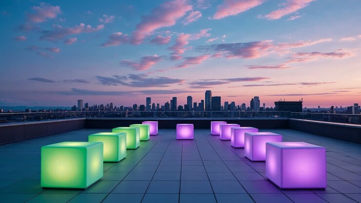 Terraço na Cobertura com Assentos de Cubos Luminosos e a Silhueta da Cidade ao Pôr do Sol