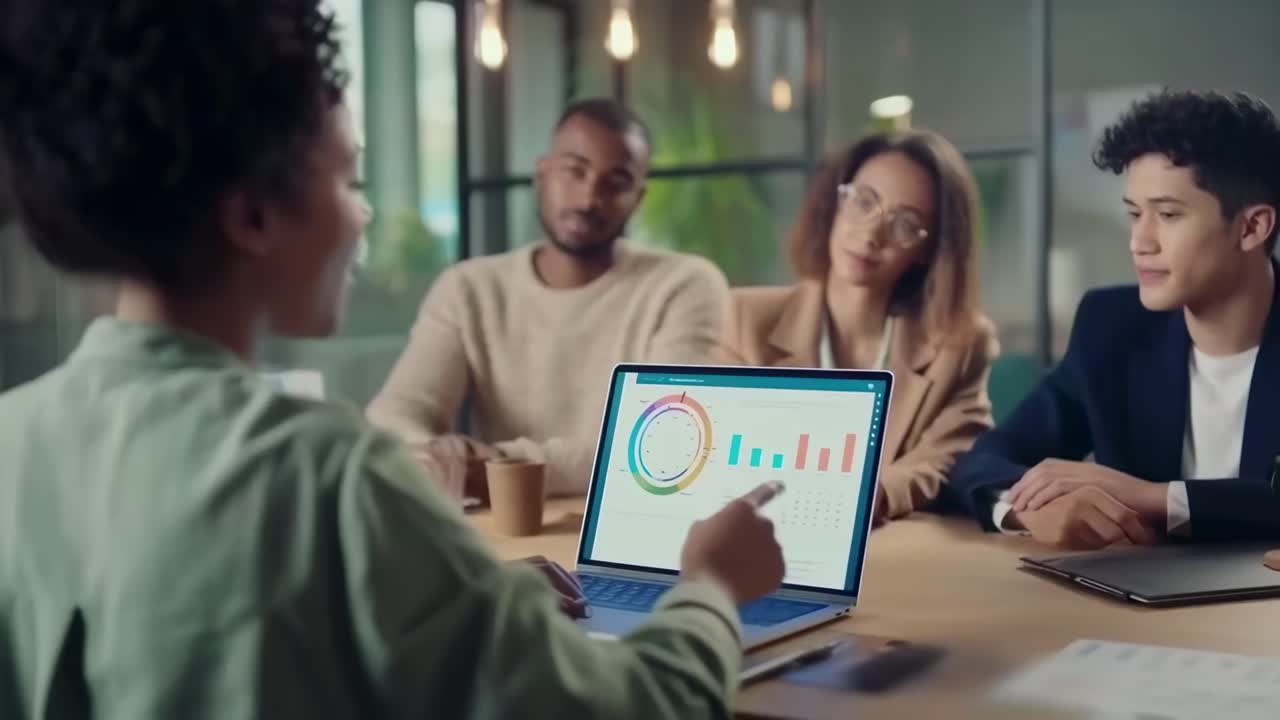 Video of a team meeting, shot from behind a presenter, showcasing a laptop screen