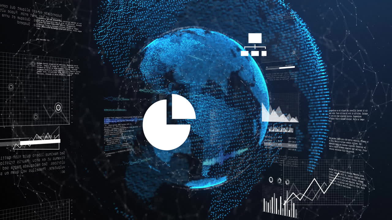 Animation of data processing and globe on black background