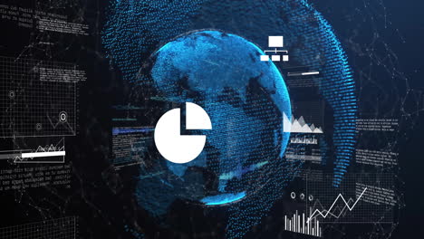 animación del procesamiento de datos y globo sobre fondo negro