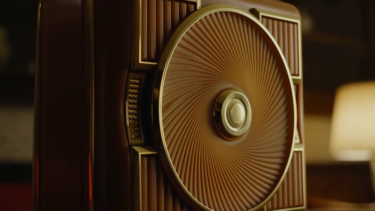 Altoparlante radio vintage con griglia circolare e finiture metalliche posizionato all'interno su una superficie morbida, che risplende in una calda luce ambrata con riflessi bronzo, riflessi lucidi, messa a fuoco ridotta e sfondo crema sfocato