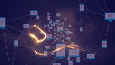 animation of glowing light trail over moving network of wifi symbols, on dark background